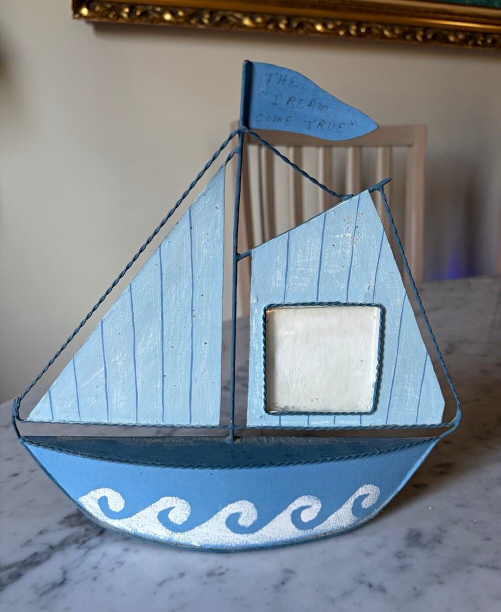 Blue White Nautical Sailboat Metal Freestanding Photo Frame 3x3
